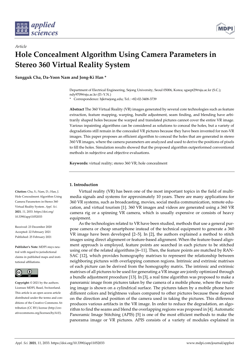 Pdf Hole Concealment Algorithm Using Camera Parameters In Stereo 360 Virtual Reality System
