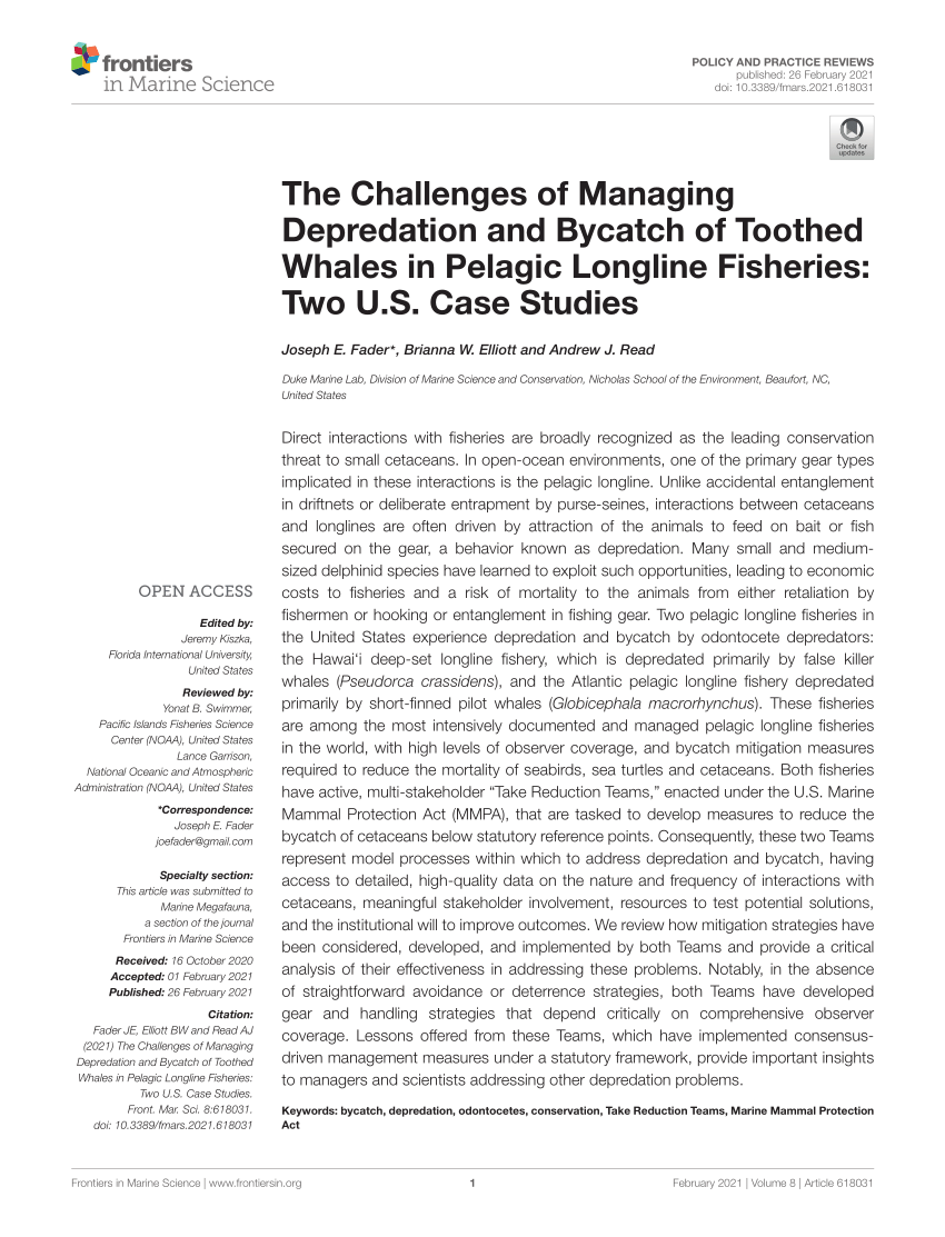 PDF) The Challenges of Managing Depredation and Bycatch of Toothed Whales  in Pelagic Longline Fisheries: Two U.S. Case Studies