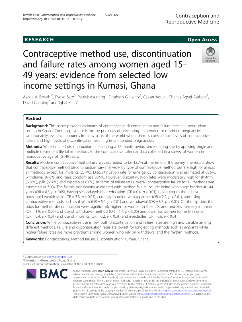 PDF) Contraceptive method use, discontinuation and failure rates among women aged 15–49 years evidence from selected low income settings in Kumasi, Ghana