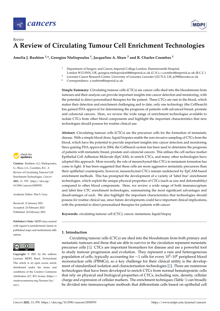 Pdf A Review Of Circulating Tumour Cell Enrichment Technologies