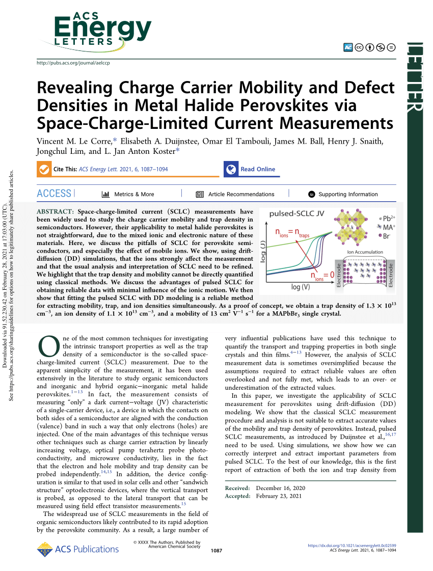 Pdf Revealing Charge Carrier Mobility And Defect Densities In Metal Halide Perovskites Via Space Charge Limited Current Measurements
