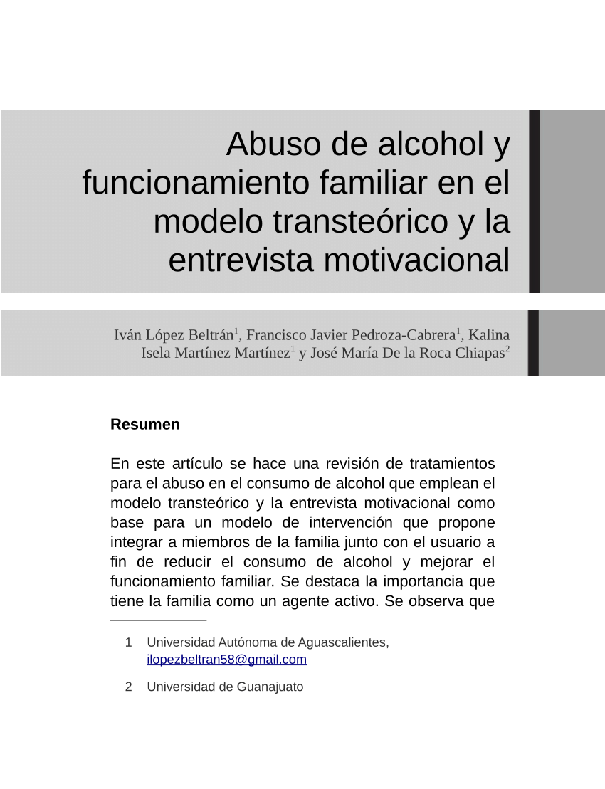 PDF) Abuso de alcohol y funcionamiento familiar en el modelo transteórico y  motivacional