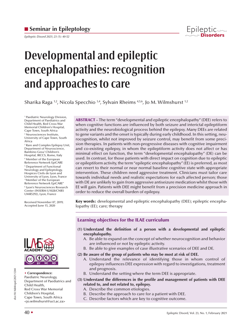 PDF Developmental and epileptic encephalopathies recognition and