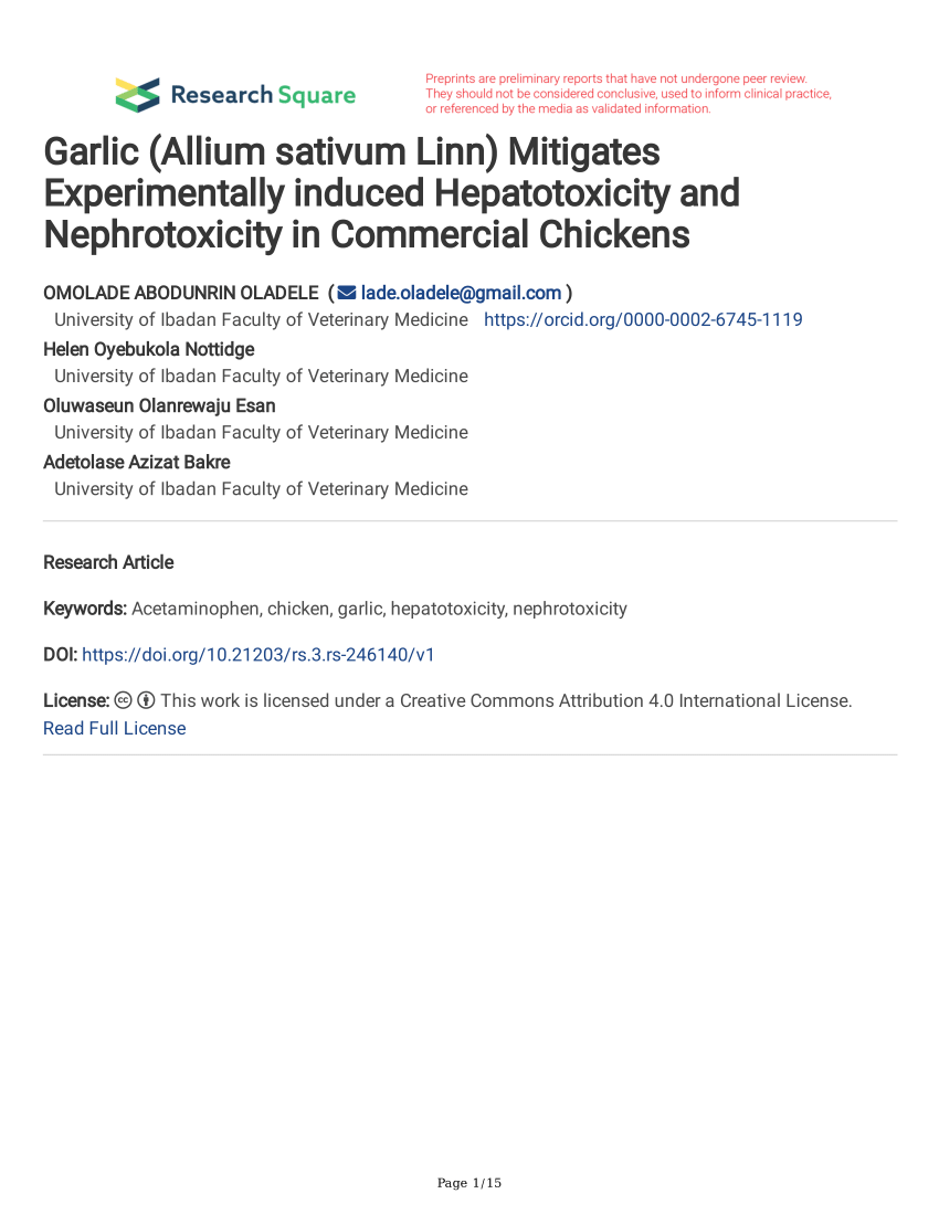 Pdf Garlic Allium Sativum Linn Mitigates Experimentally Induced Hepatotoxicity And Nephrotoxicity In Commercial Chickens