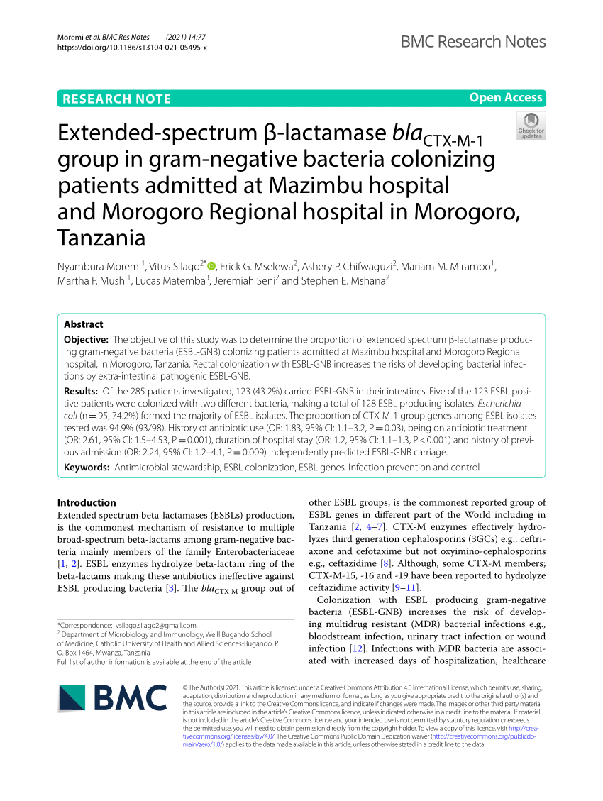 Pdf Extended Spectrum B Lactamase Blactx M 1 Group In Gram Negative Bacteria Colonizing Patients Admitted At Mazimbu Hospital And Morogoro Regional Hospital In Morogoro Tanzania