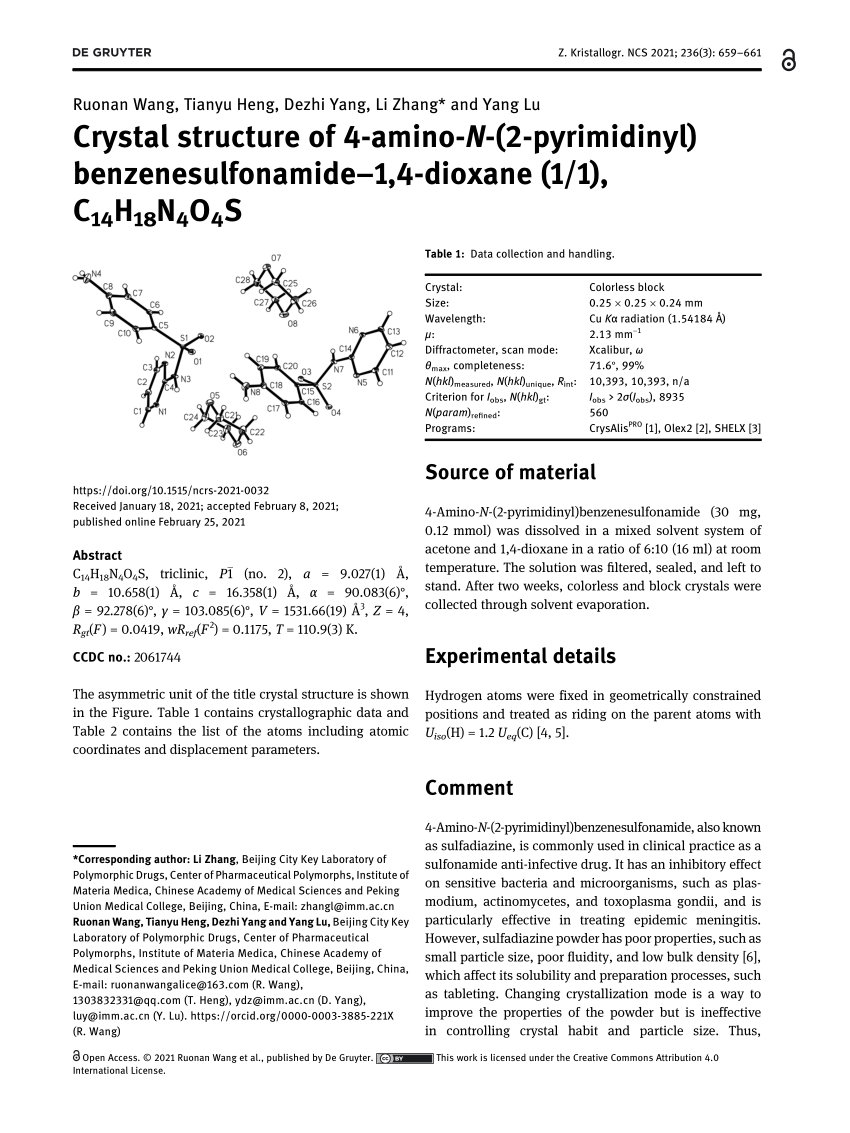 Pdf Crystal Structure Of 4 Amino N 2 Pyrimidinyl Benzenesulfonamide 1 4 Dioxane 1 1 C 14 H 18 N 4 O 4 S