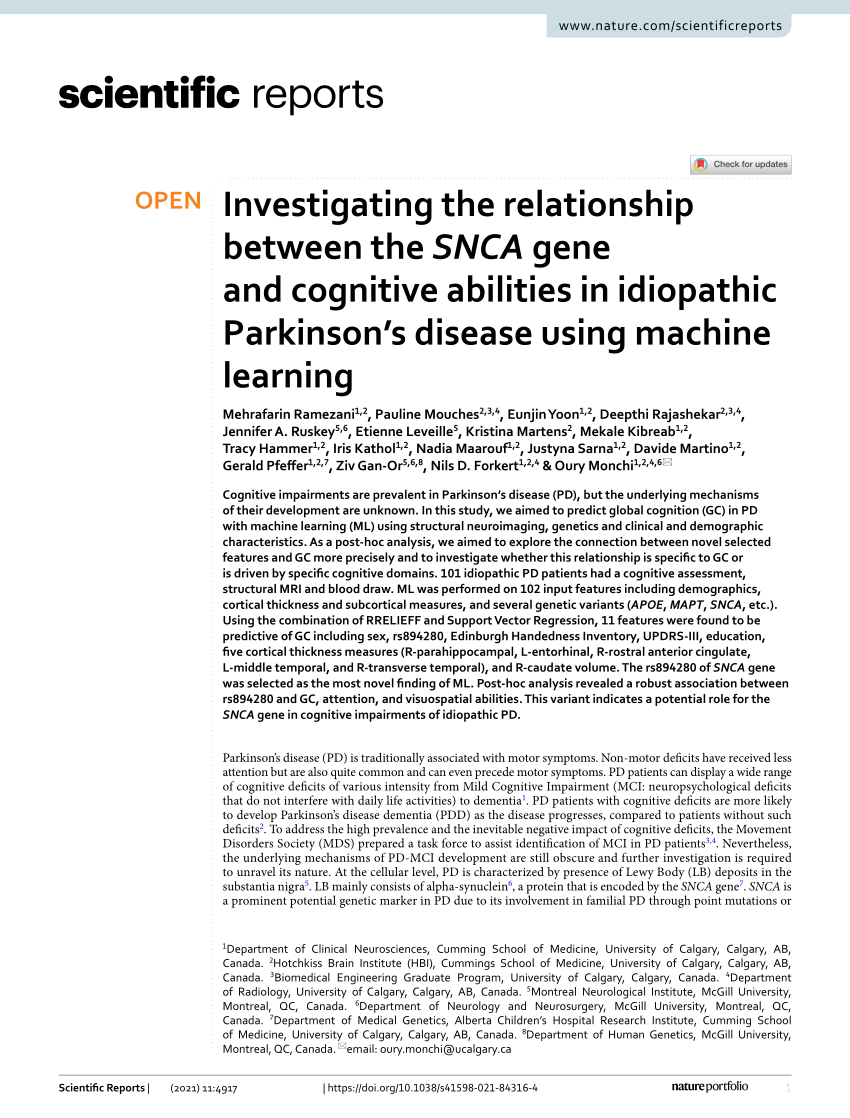 PDF) Investigating the relationship between the SNCA gene and cognitive  abilities in idiopathic Parkinson's disease using machine learning