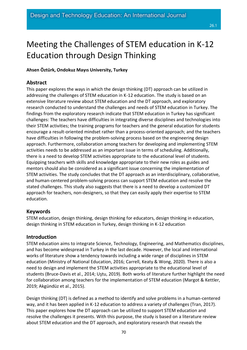 pdf meeting the challenges of stem education in k 12 education through design thinking