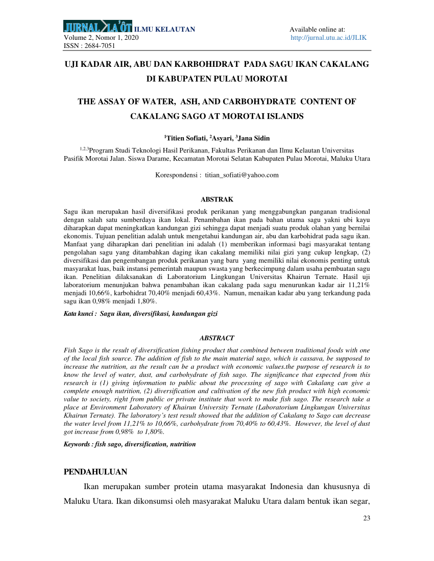 (PDF) UJI KADAR AIR, ABU DAN KARBOHIDRAT PADA SAGU IKAN CAKALANG DI