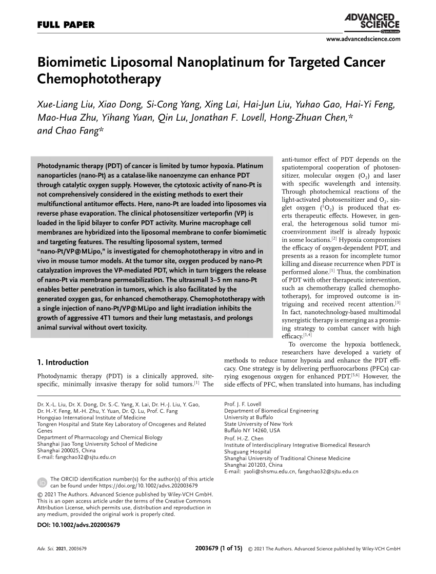 Pdf Biomimetic Liposomal Nanoplatinum For Targeted Cancer Chemophototherapy