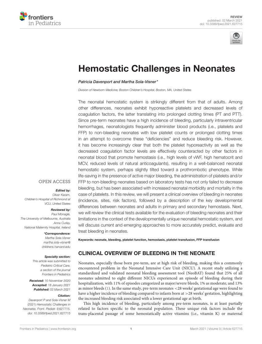 Pdf Hemostatic Challenges In Neonates