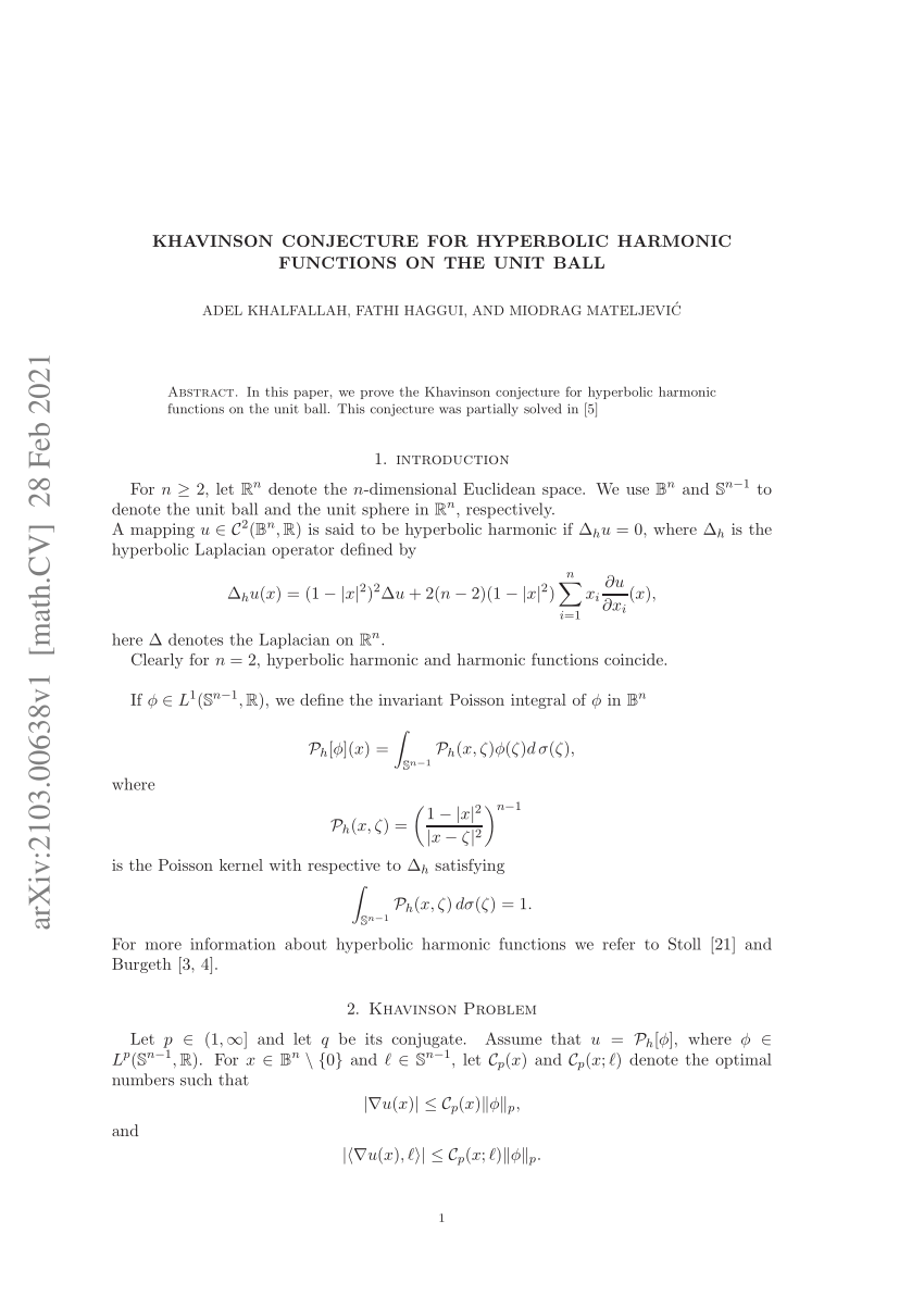 Pdf Khavinson Conjecture For Hyperbolic Harmonic Functions On The Unit Ball