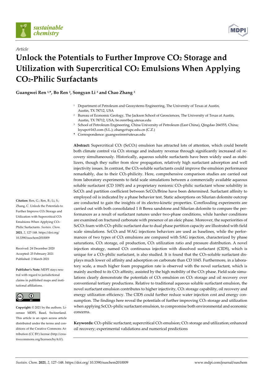 Pdf Unlock The Potentials To Further Improve Co2 Storage And Utilization With Supercritical Co2 Emulsions When Applying Co2 Philic Surfactants