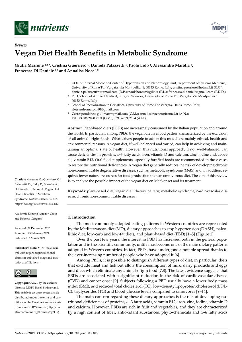 Pdf Vegan Diet Health Benefits In Metabolic Syndrome