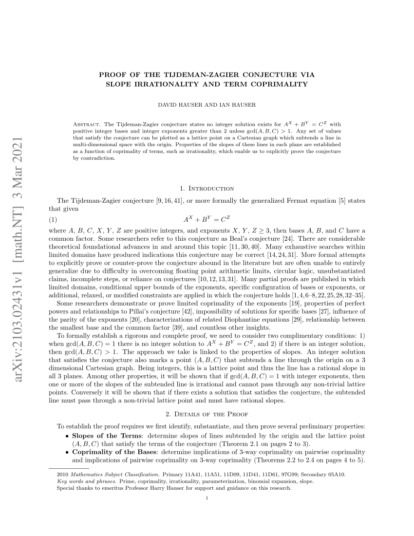 Pdf Proof Of The Tijdeman Zagier Conjecture Via Slope Irrationality And Term Coprimality