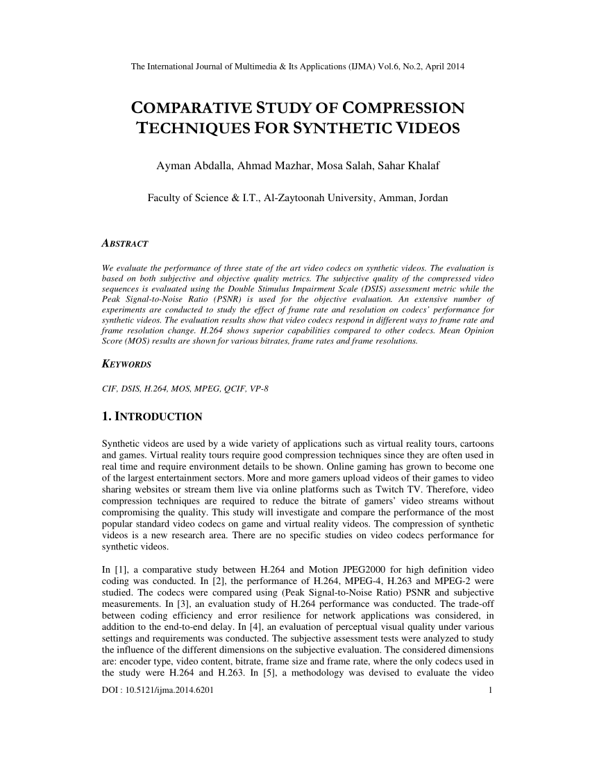 PDF) Comparative Study of Compression Techniques for Synthetic Videos