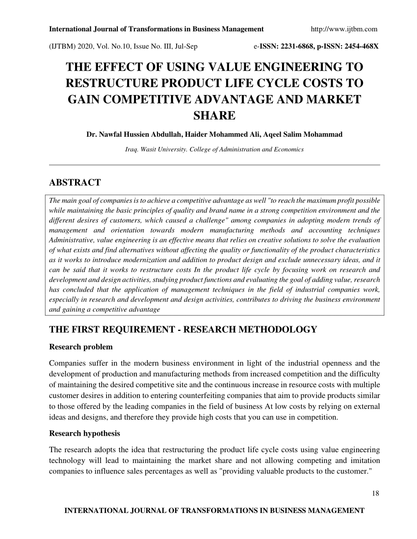 PDF) THE EFFECT OF USING VALUE ENGINEERING TO RESTRUCTURE PRODUCT ...
