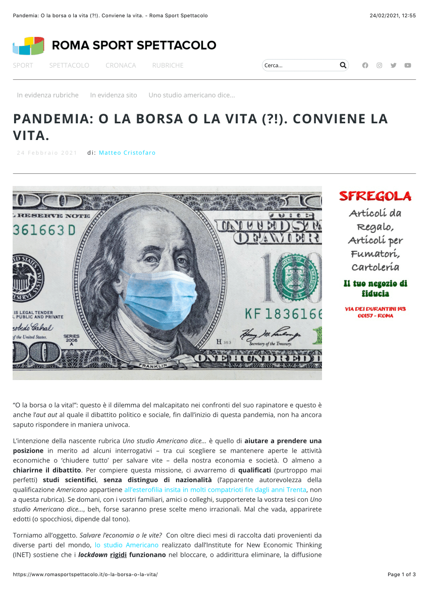 PDF) Pandemia: O la borsa o la vita (?!). Conviene la vita. RSS 24