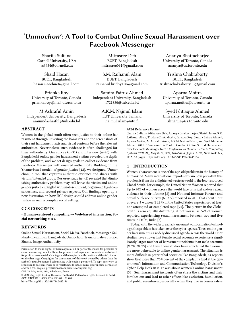 PDF) Unmochon': A Tool to Combat Online Sexual Harassment over Facebook  Messenger