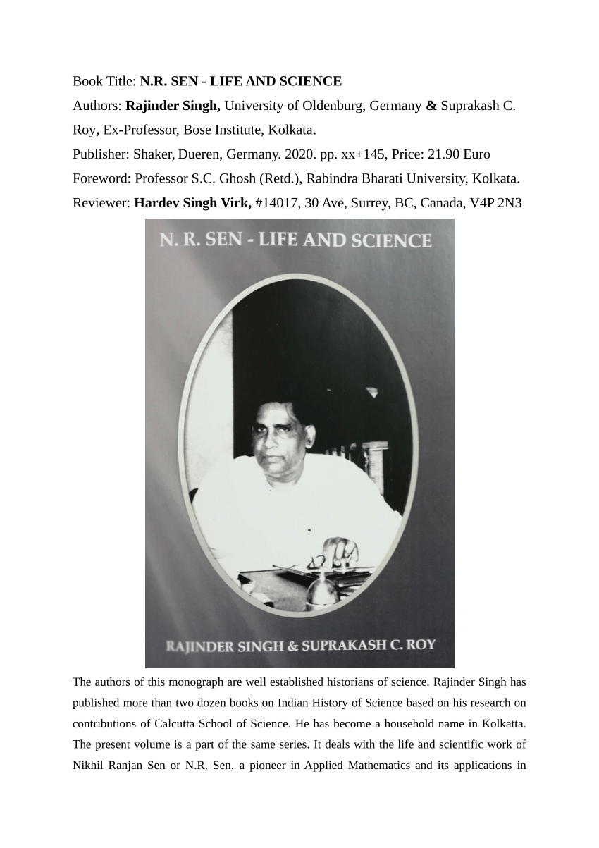 PDF) Book Title: N.R. SEN -LIFE AND SCIENCE