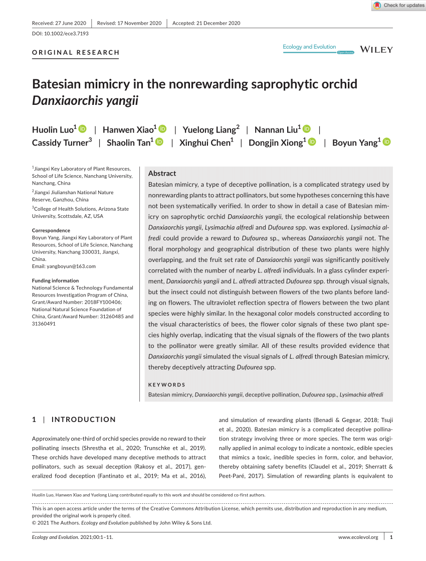 PDF Batesian mimicry in the nonrewarding saprophytic orchid  