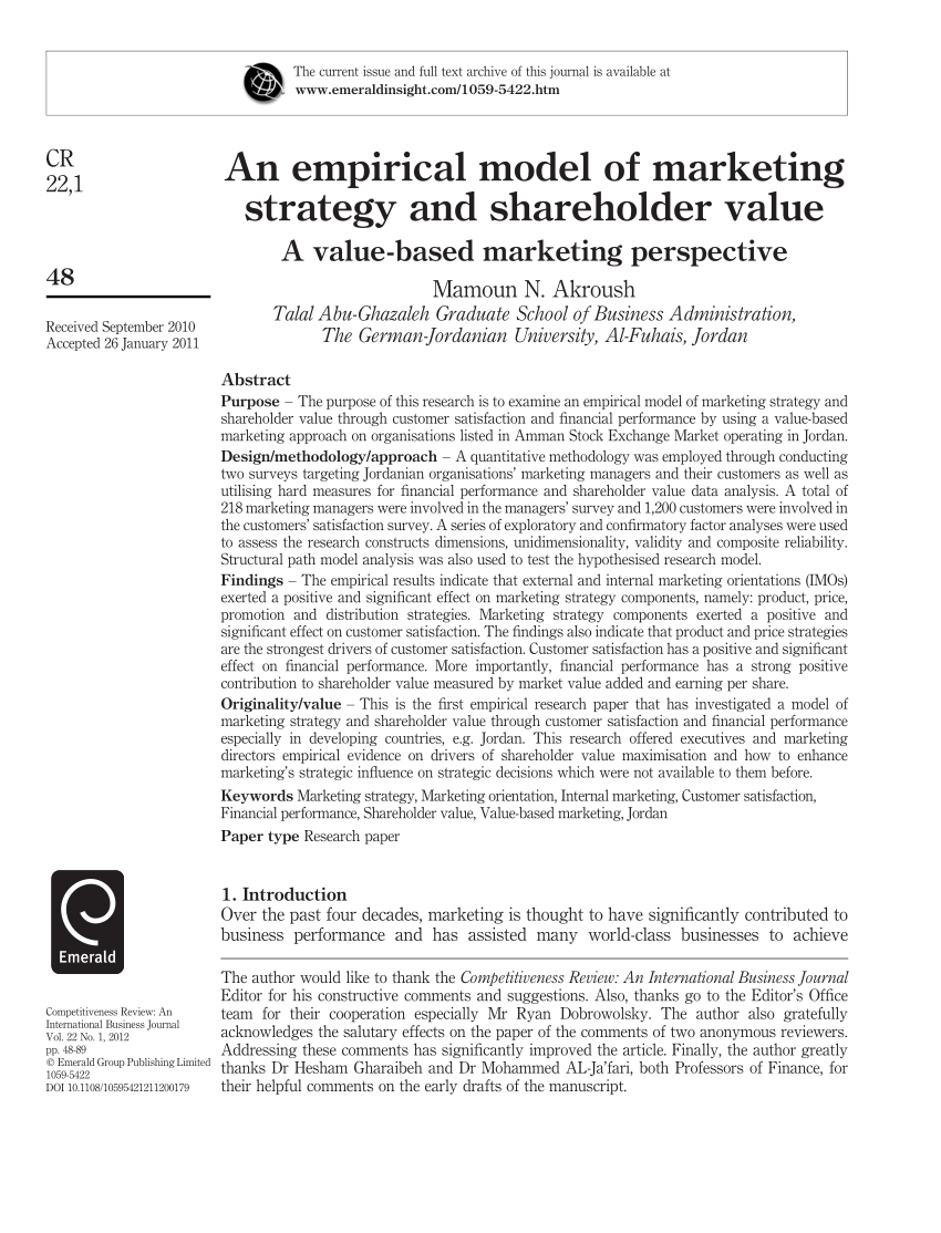Pdf) An Empirical Model Of Marketing Strategy And Shareholder Value A  Value-Based Marketing Perspective