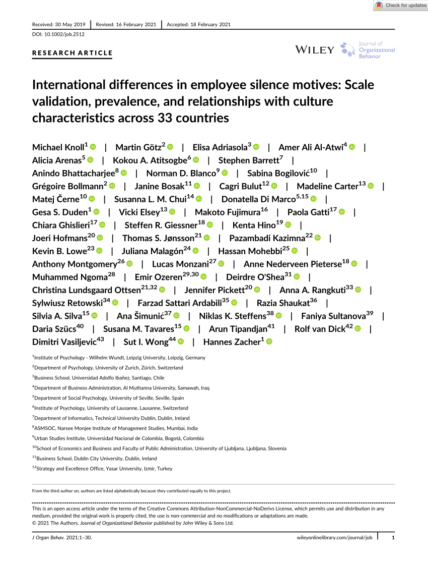 PDF) International Differences in Employee Silence Motives: Scale 
