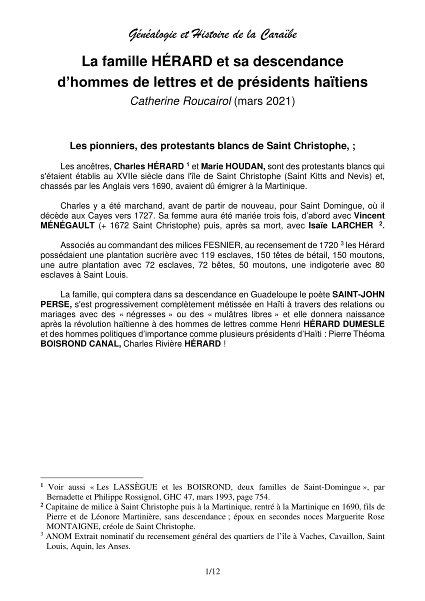 Pdf Genealogie Et Histoire De La Caraibe La Famille Herard Et Sa Descendance D Hommes De Lettres Et De Presidents Haitiens