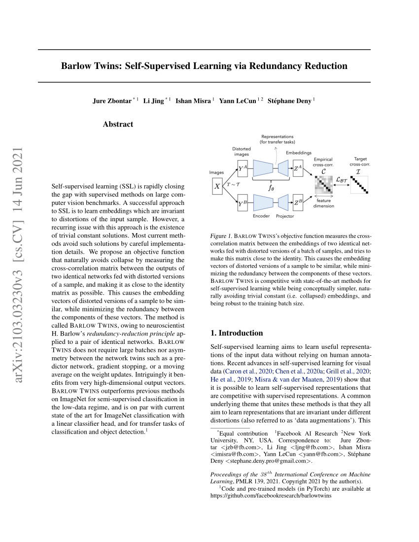 Pdf Barlow Twins Self Supervised Learning Via Redundancy Reduction