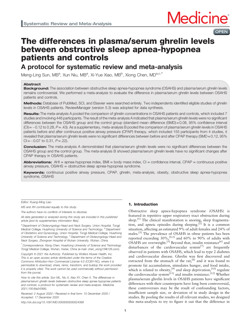 Pdf The Differences In Plasmaserum Ghrelin Levels Between Obstructive Sleep Apnea Hypopnea 6231