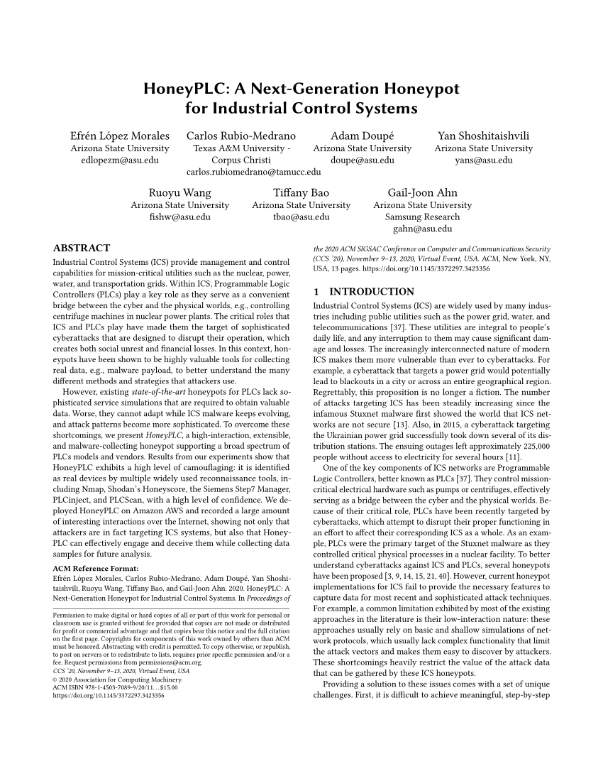 (PDF) HoneyPLC A NextGeneration Honeypot for Industrial Control Systems