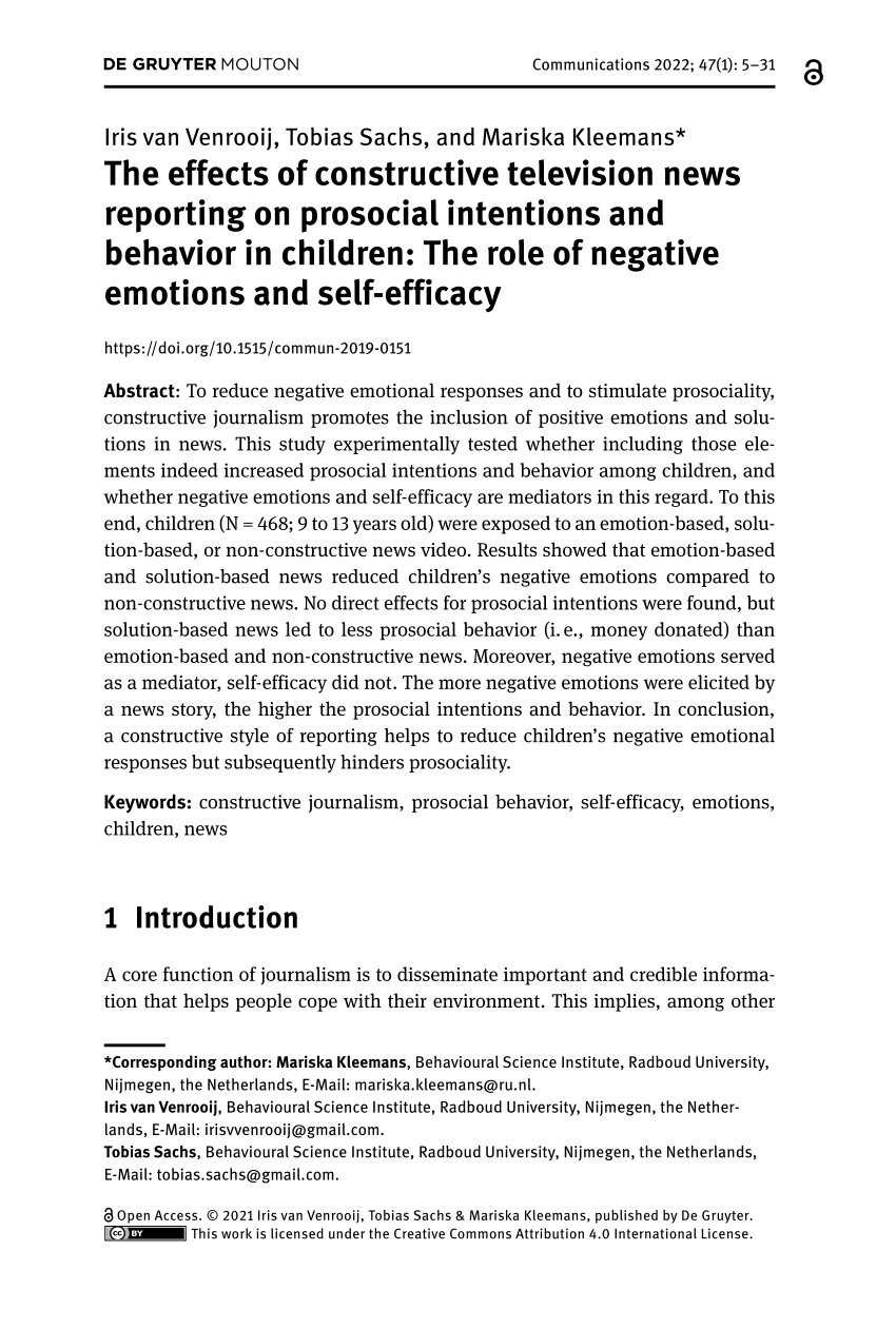 PDF) The Effects of Constructive Television News Reporting on Prosocial Intentions and Behavior in Children The Role of Negative Emotions and Self-Efficacy (in press)
