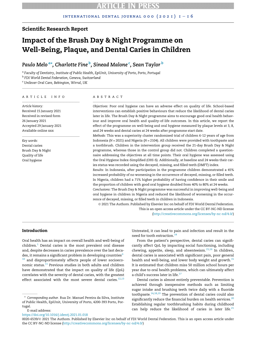 PDF) Impact of the Brush Day & Night Programme on Well-Being, Plaque, and  Dental Caries in Children