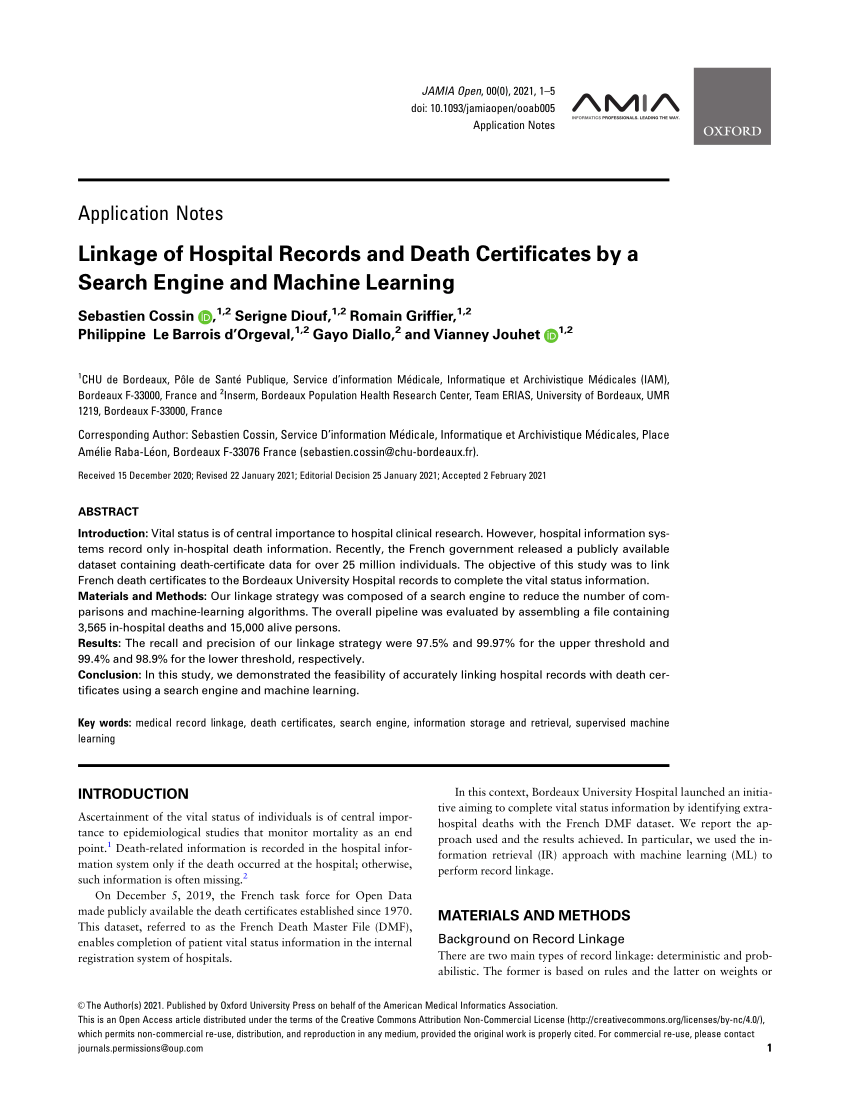 Pdf Linkage Of Hospital Records And Death Certificates By A Search Engine And Machine Learning