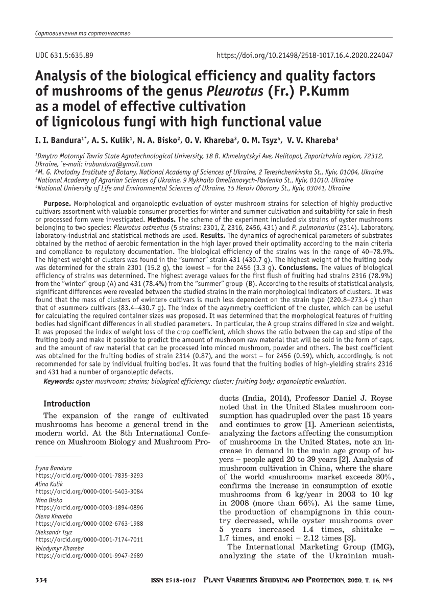Pdf Analysis Of The Biological Efficiency And Quality Factors Of Mushrooms Of The Genus Pleurotus Fr P Kumm As A Model Of Effective Cultivation Of Lignicolous Fungi With High Functional Value