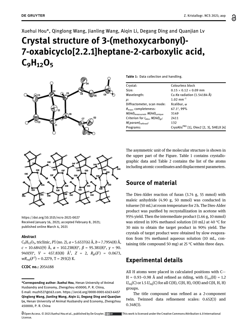 Pdf Crystal Structure Of 3 Methoxycarbonyl 7 Oxabicyclo 2 2 1 Heptane 2 Carboxylic Acid C9h12o5
