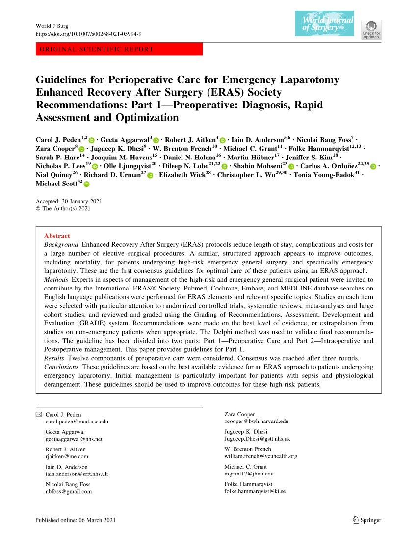 PDF) Guidelines for Perioperative Care for Emergency Laparotomy Enhanced  Recovery After Surgery (ERAS) Society Recommendations: Part 1—Preoperative:  Diagnosis, Rapid Assessment and Optimization