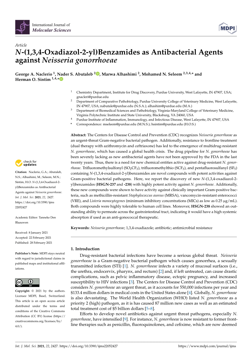 Pdf N 1 3 4 Oxadiazol 2 Yl Benzamides As Antibacterial Agents Against Neisseria Gonorrhoeae