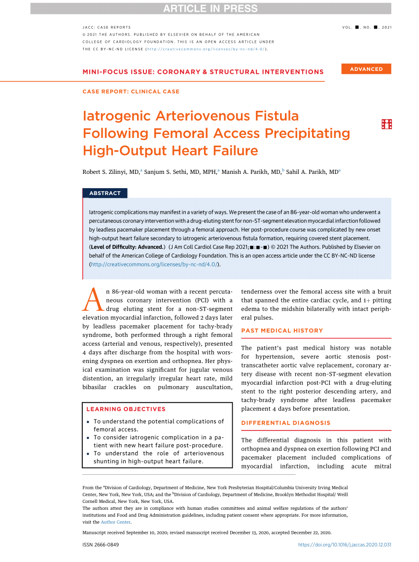 Pdf Iatrogenic Arteriovenous Fistula Following Femoral Access