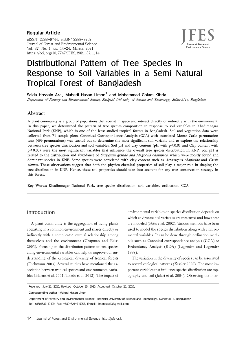 Pdf Distributional Pattern Of Tree Species In Response To Soil Variables In A Semi Natural Tropical Forest Of Bangladesh