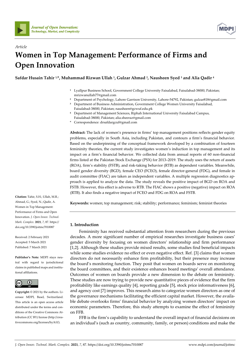 Pdf Women In Top Management Performance Of Firms And Open Innovation 