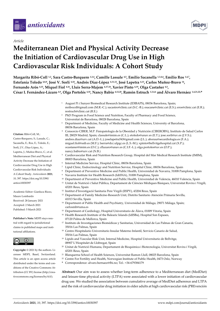 Pdf Mediterranean Diet And Physical Activity Decrease The Initiation Of Cardiovascular Drug Use In High Cardiovascular Risk Individuals A Cohort Study