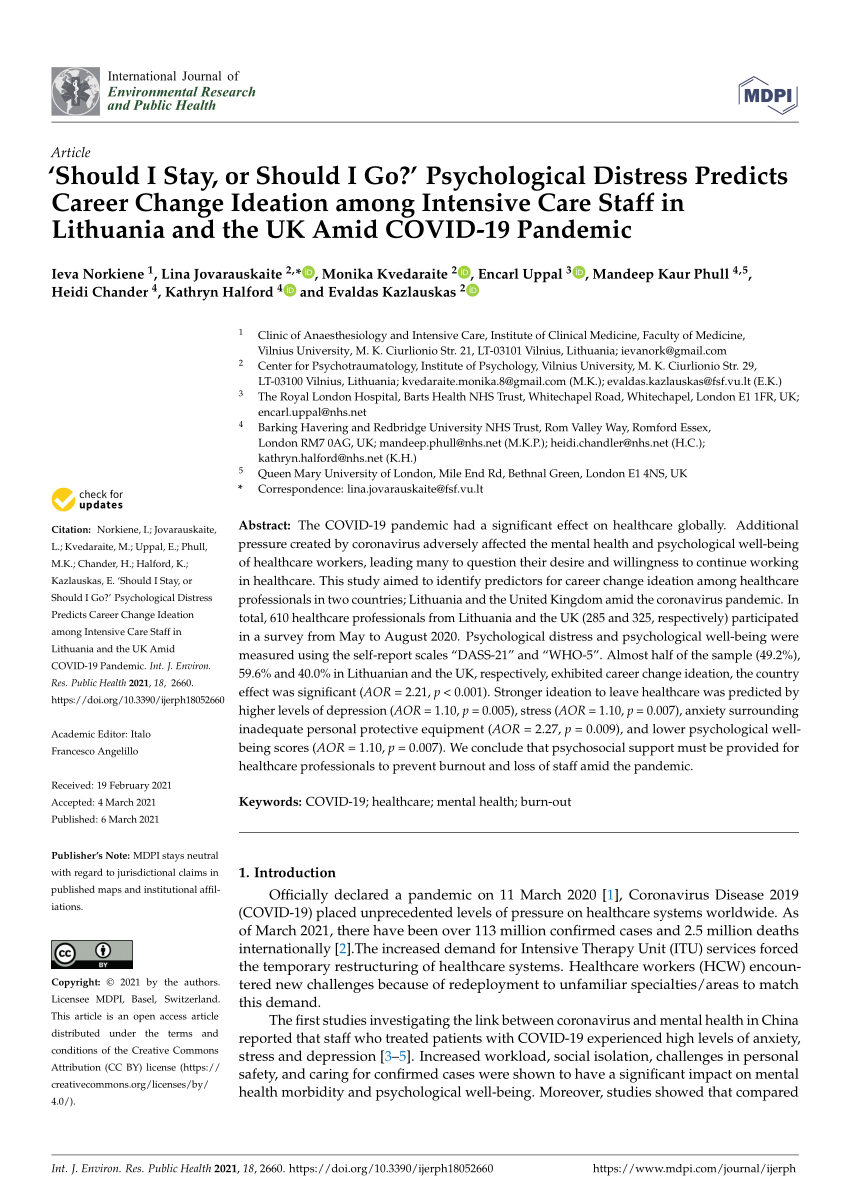 Pdf Should I Stay Or Should I Go Psychological Distress Predicts Career Change Ideation Among Intensive Care Staff In Lithuania And The Uk Amid Covid 19 Pandemic