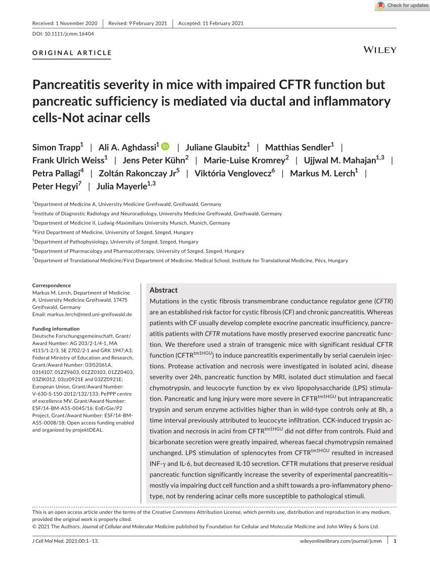 Pdf Pancreatitis Severity In Mice With Impaired Cftr Function But