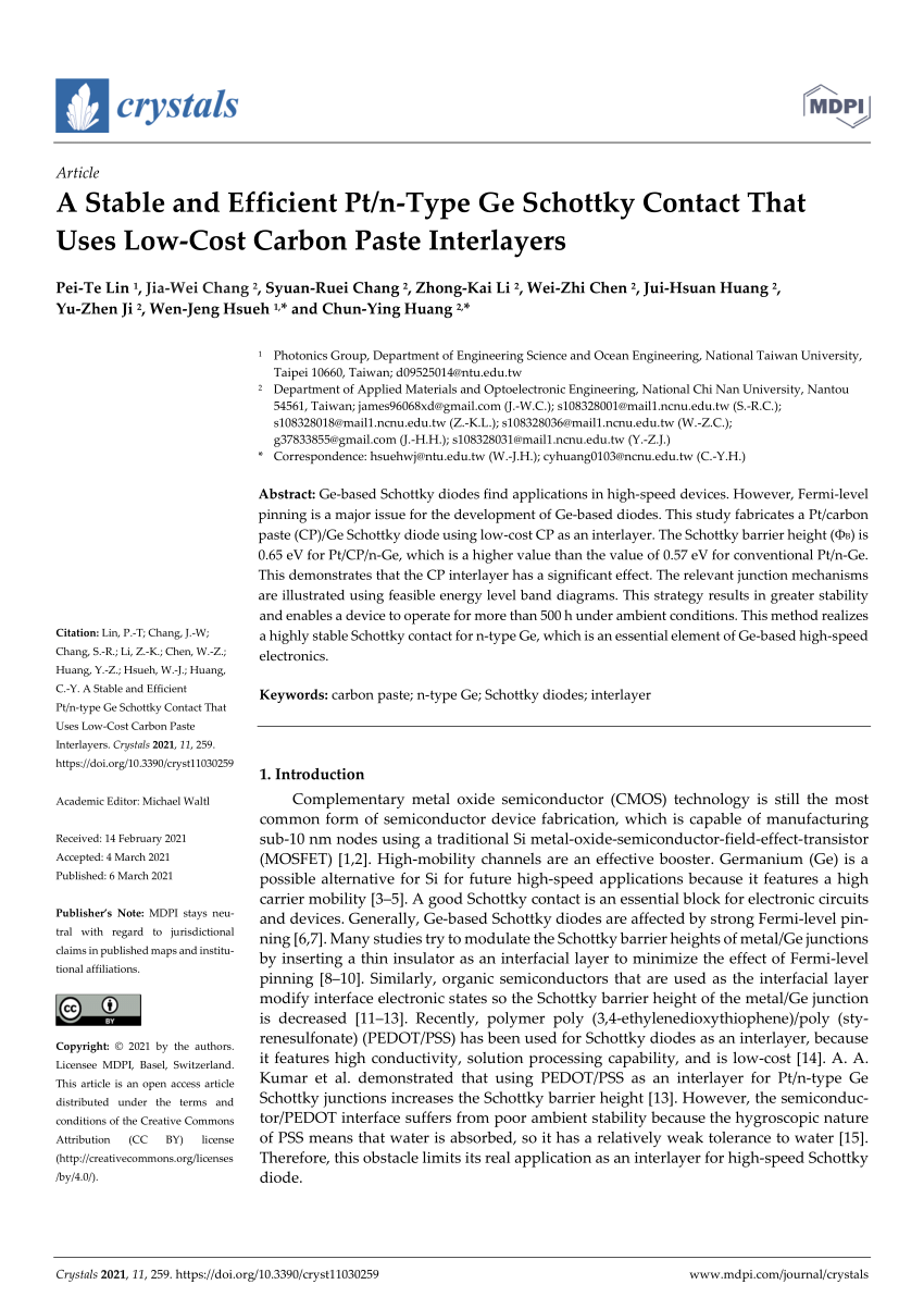 Pdf A Stable And Efficient Pt N Type Ge Schottky Contact That Uses Low Cost Carbon Paste Interlayers