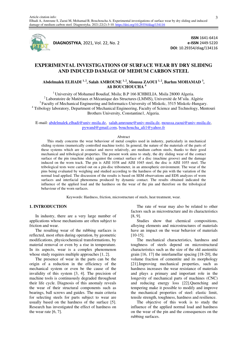 Pdf Experimental Investigations Of Surface Wear By Dry Sliding And Induced Damage Of Medium Carbon Steel