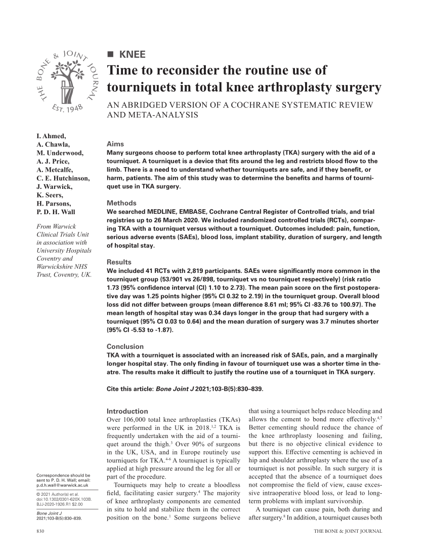 (PDF) Time to reconsider the routine use of tourniquets in total knee