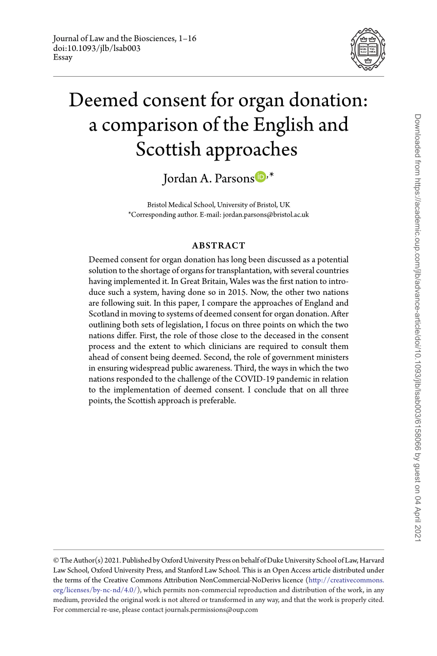 Pdf Deemed Consent For Organ Donation A Comparison Of The English And Scottish Approaches 