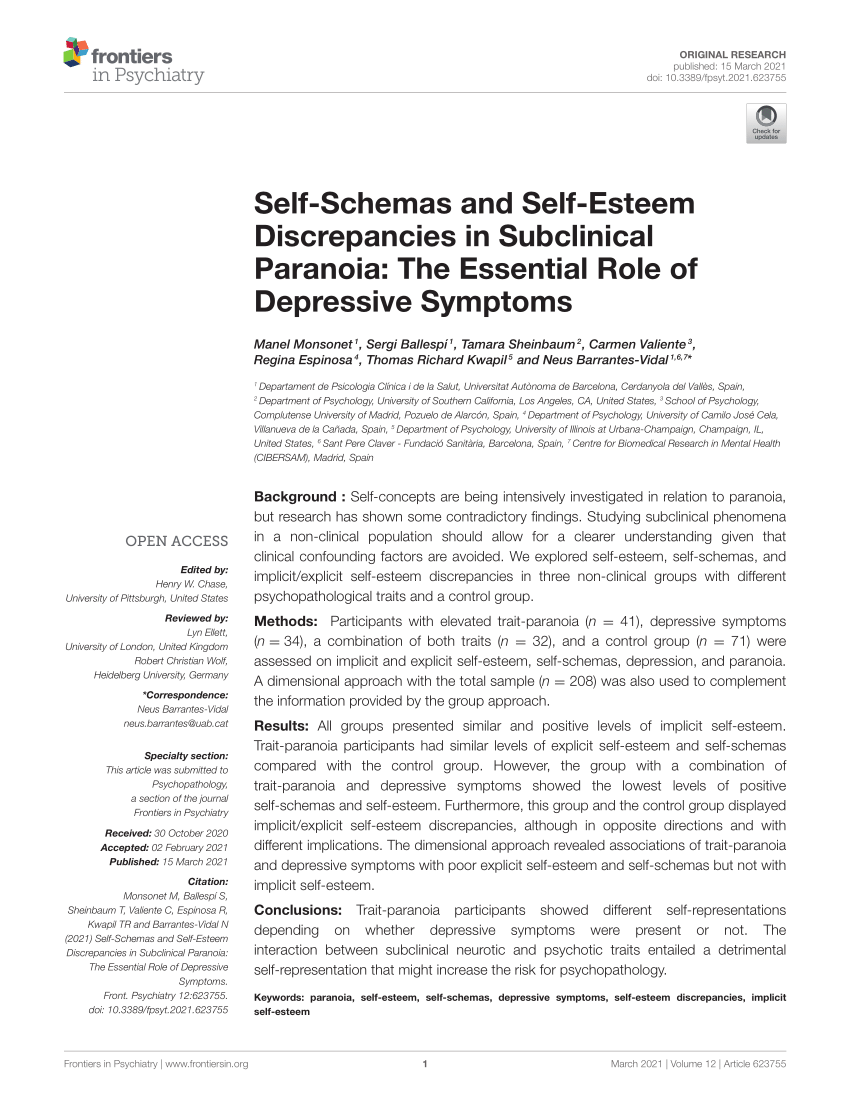 Pdf Self Schemas And Self Esteem Discrepancies In Subclinical Paranoia The Essential Role Of 9766