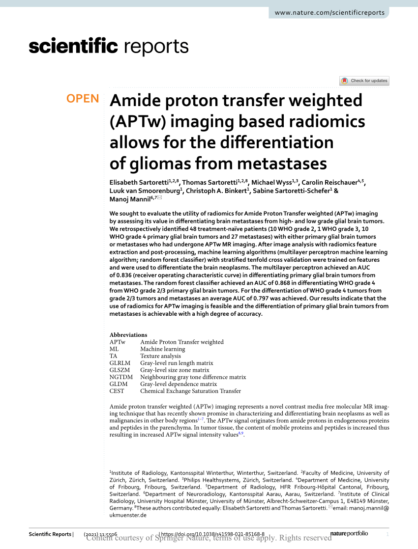 Pdf Amide Proton Transfer Weighted Aptw Imaging Based Radiomics Allows For The 